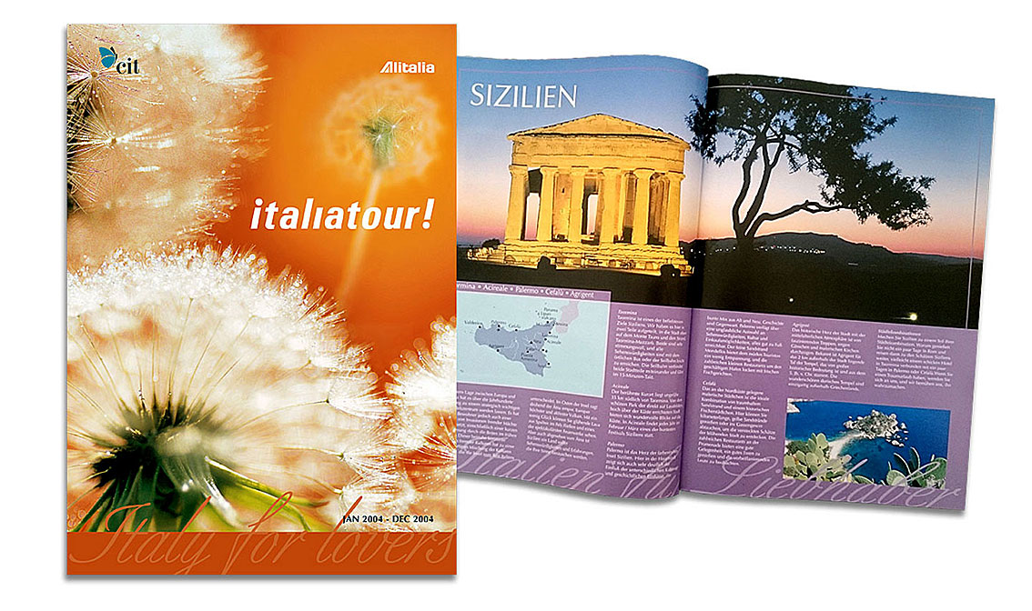 Catalogo turistico Italiatour, tour operator di Alitalia, con immagini paesaggistiche italiane e di hotel